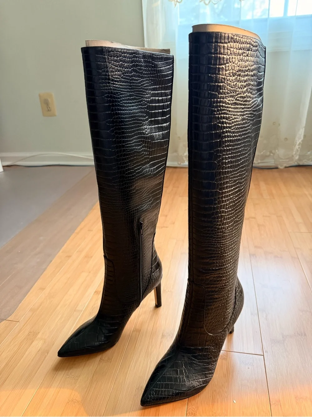 Nine West - Maxim - Croc-Embossed Knee High Boots - Black - Size 7